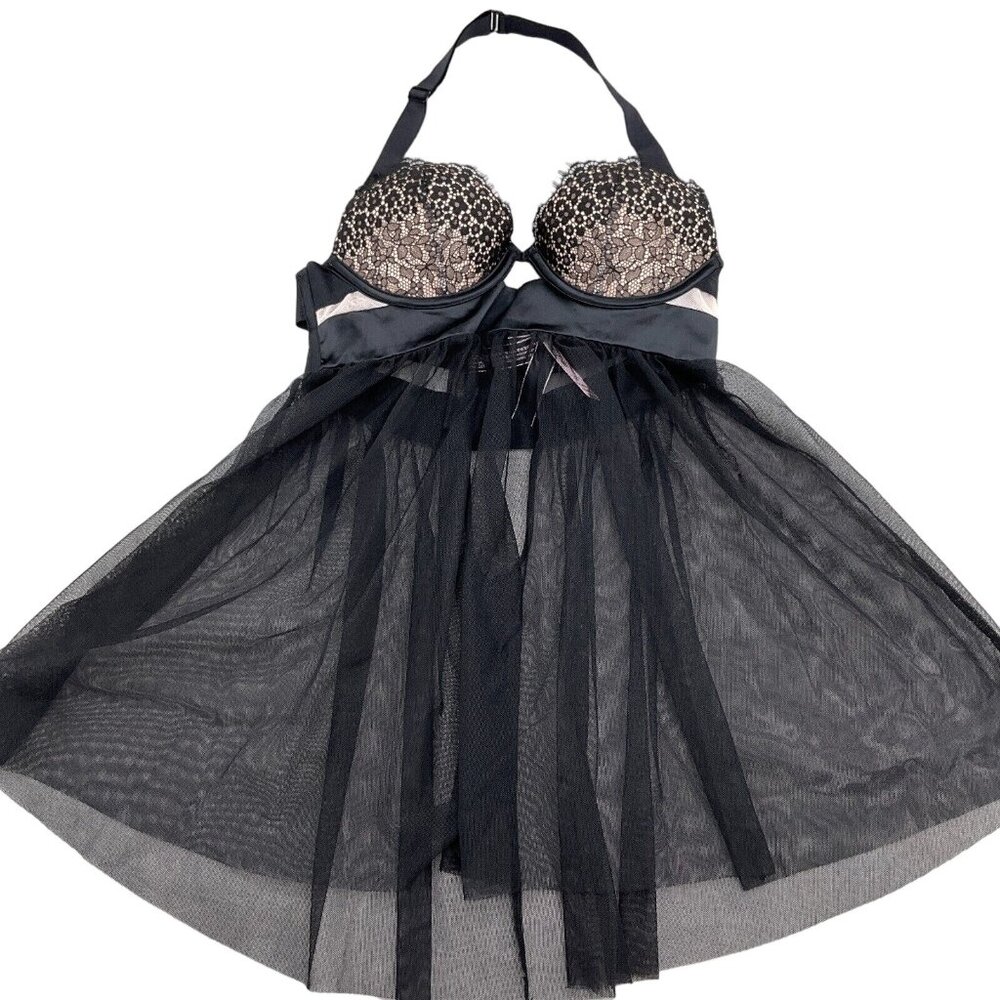 Victoria's Secret Nightie Women 32B Black Nude Floral Lace Babydoll Halter NWT